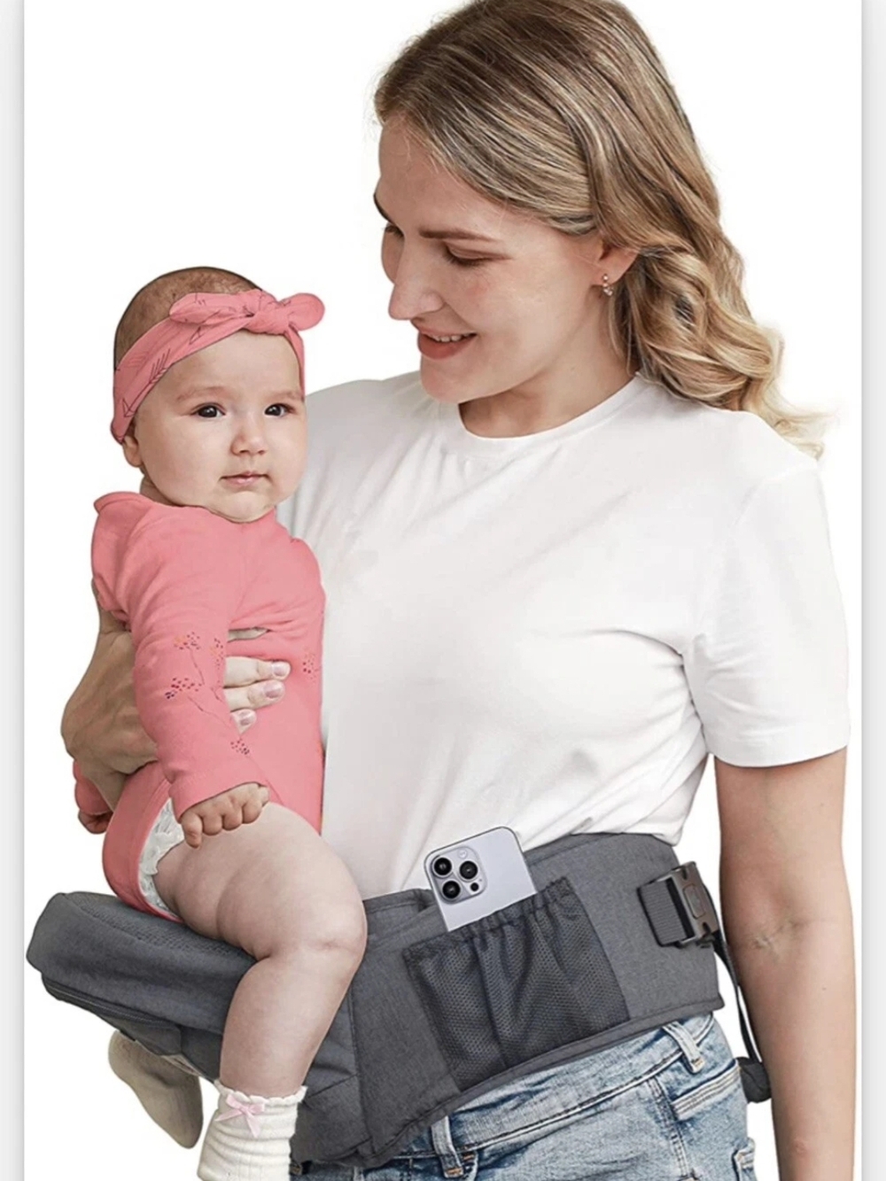 Must Have Gray Hip Seat Carrier with Pink Baby Headband